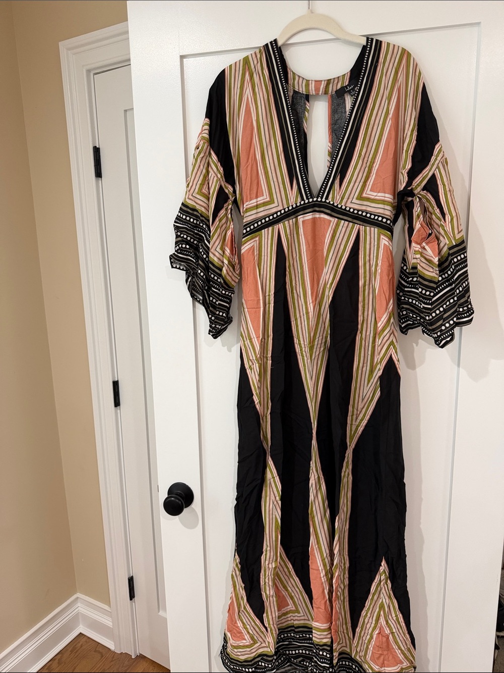 Lulu's Black Maxi Dress with Coral and Olive Geometric Stripes